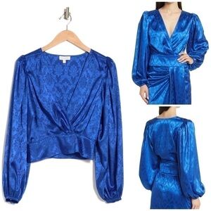 Ronny Kobo Royal Blue Damask Pattern Satin Eugenia Crop Top Blouse Size Small